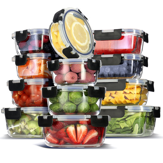 LammaLoe Glass Food Storage Containers with Lids, 24 Piece Airtight Glass Meal Prep Containers, Oven, Microwave & Freezer Safe Glass Storage Containers