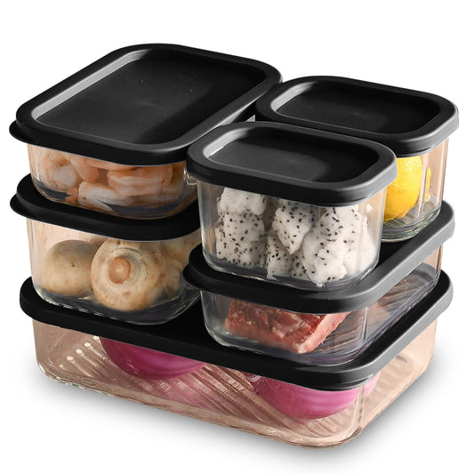 Lamma Loe Glass Storage Containers with Lids, 12 Piece Meal Prep Containers, Oven to Freezer Safe, Stackable, Glass Food Storage Containers, Black