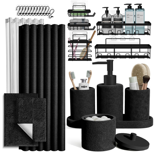 Lammaloe Black Bathroom Accessories Sets and Shower Caddy for Bathroom Sets with Shower Curtain Sets and Rugs for Bathroom Decor with Toothbrush Holder