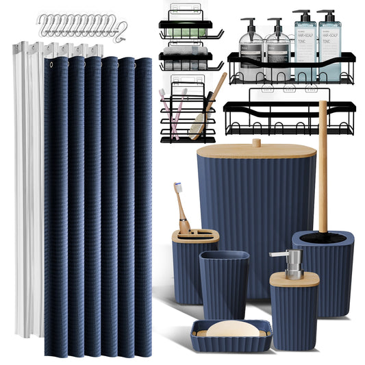Lammaloe Navy Blue Bathroom Accessories Sets and Shower Caddy for Bathroom Sets with Shower Curtain Sets for Bathroom Decor with Toothbrush Holder