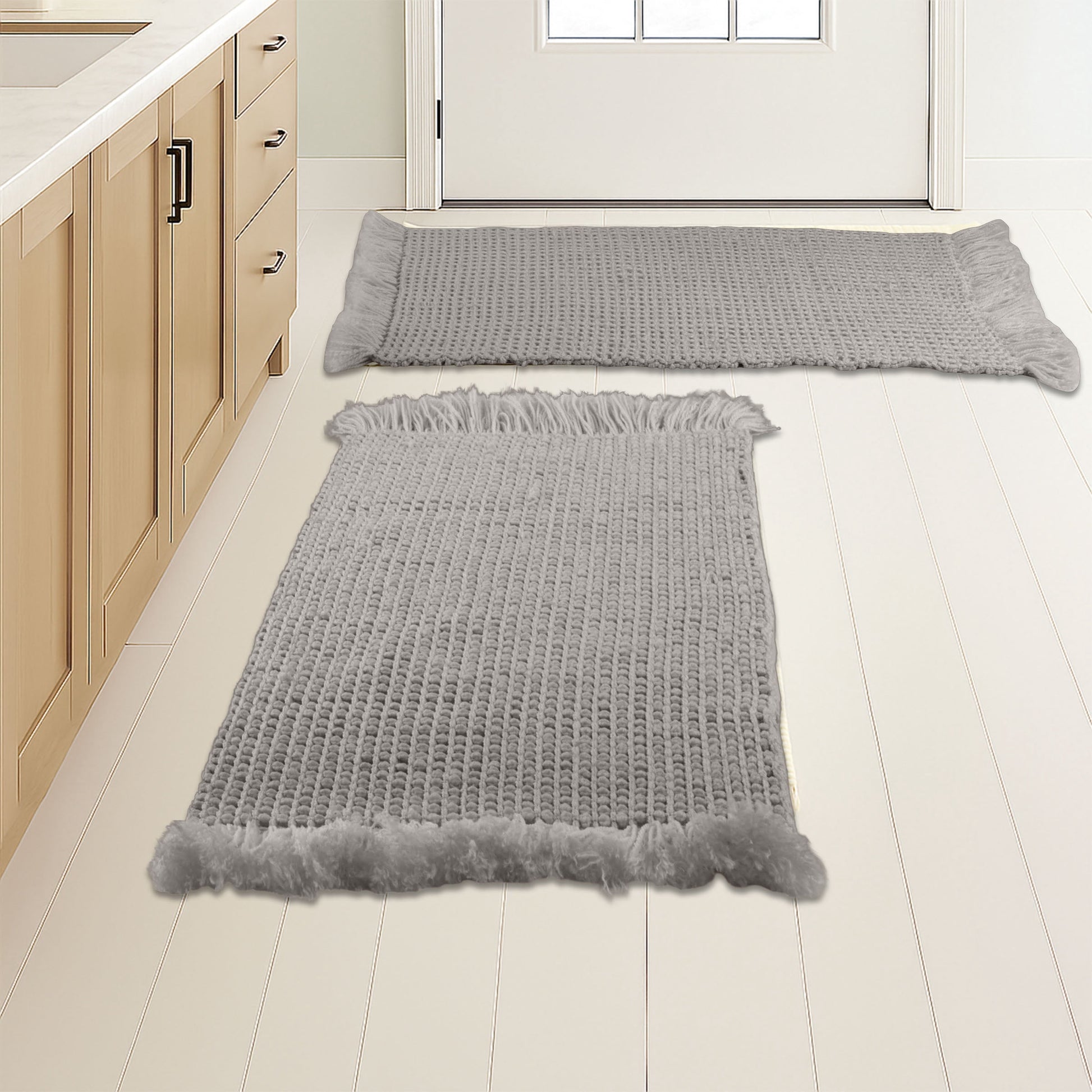 Lavish Home 2PC Waffle Bath Mat Set - Machine Washable Bathroom Rugs (Gray)