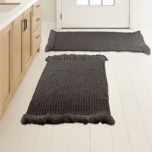 Lavish Home 2PC Waffle Bath Mat Set - Washable Bathroom Rugs (Charcoal)