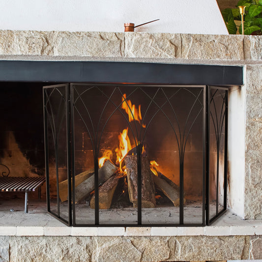 Lavish Home 3 Panel Victorian Style Gothic Folding Fireplace Screen with Black Protective Mesh