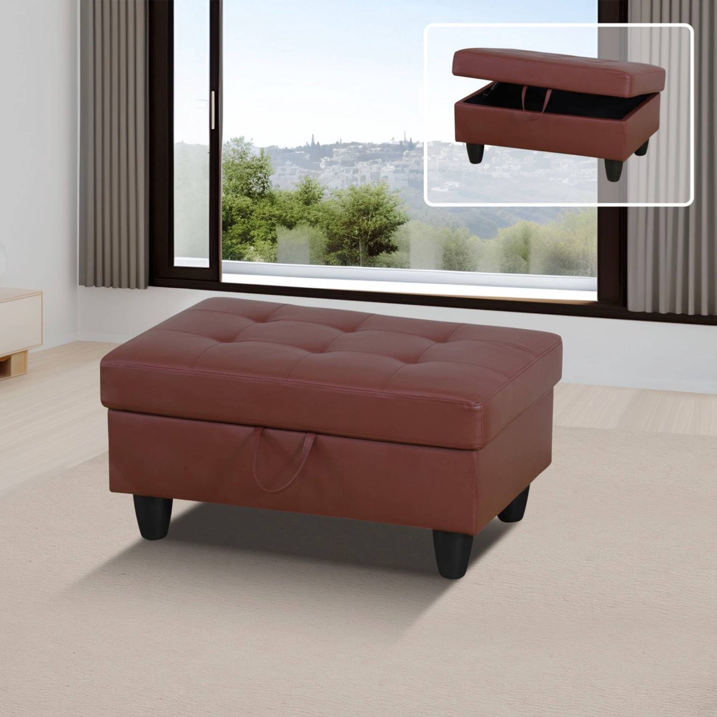 Leather Storage Ottoman, Folding Foot Stool with Storage Button Tufted Ottoman Bench for Living Room,Red