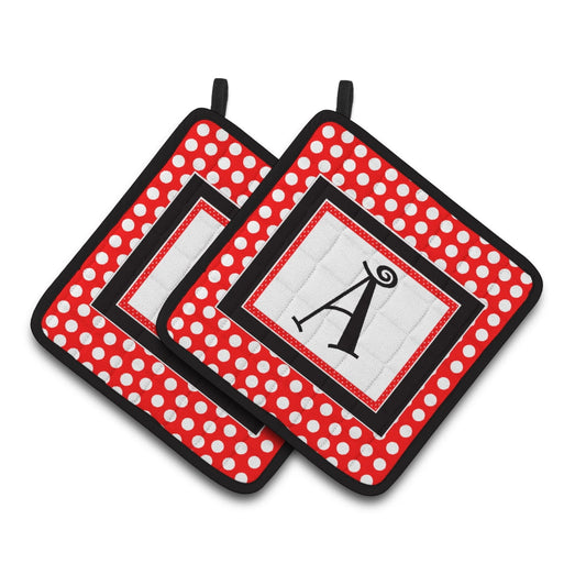 Letter A Monogram - Red and Black Polka Dots Pair of Pot Holders