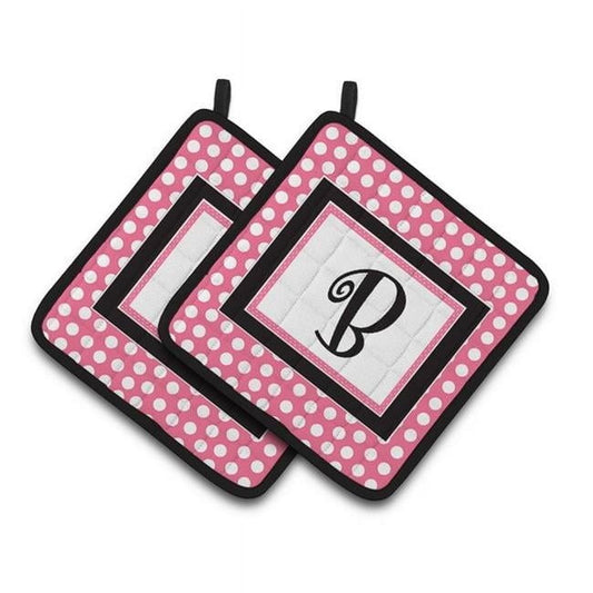 Letter B Monogram - Pink Black Polka Dots Pair of Pot Holders