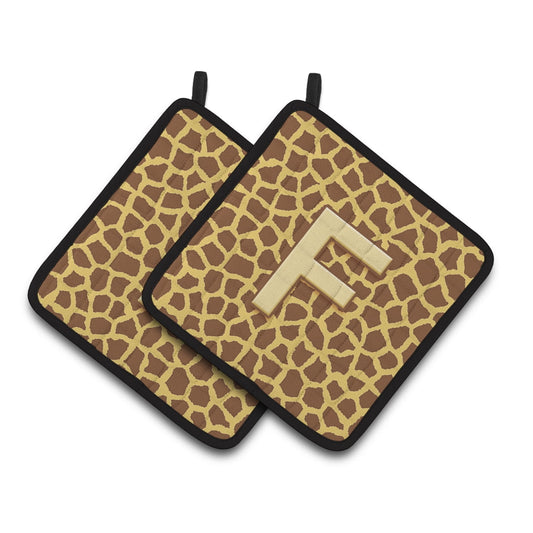 Letter F Initial Monogram - Giraffe Pair of Pot Holders