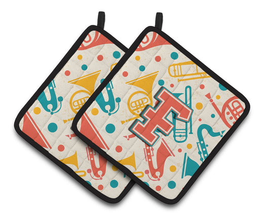Letter F Retro Teal Orange Musical Instruments Initial Pair of Pot Holders