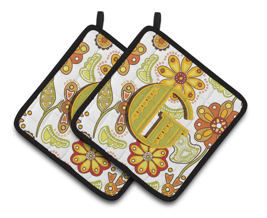 Letter G Floral Mustard and Green Pair of Pot Holders