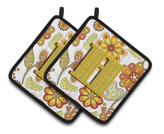 Letter H Floral Mustard and Green Pair of Pot Holders