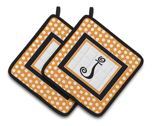 Letter J Initial Monogram - Orange Polkadots Pair of Pot Holders