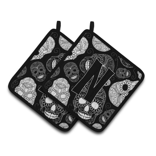 Letter N Day of the Dead Skulls Black Pair of Pot Holders