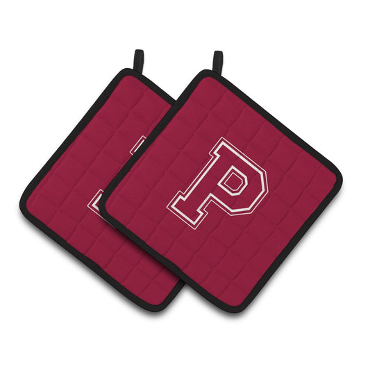 Letter P Initial Monogram - Maroon and White Pair of Pot Holders