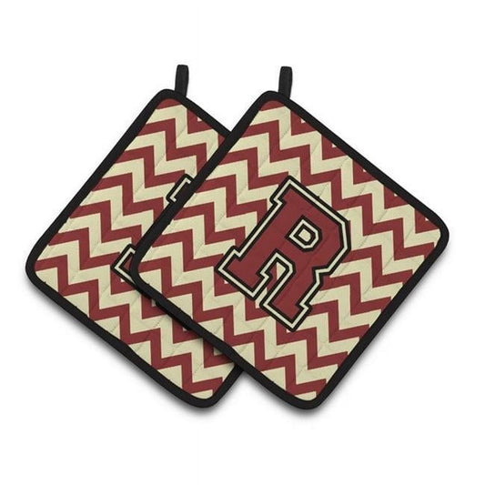Letter R Chevron Maroon and Gold Pair of Pot Holders
