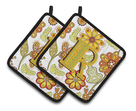 Letter R Floral Mustard and Green Pair of Pot Holders