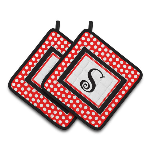 Letter S Initial - Red Black Polka Dots Pair of Pot Holders