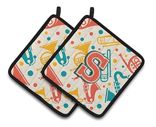 Letter S Retro Teal Orange Musical Instruments Initial Pair of Pot Holders