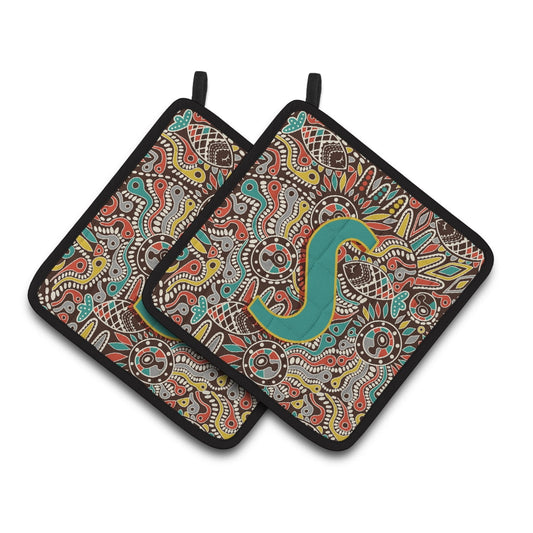 Letter S Retro Tribal Alphabet Initial Pair of Pot Holders