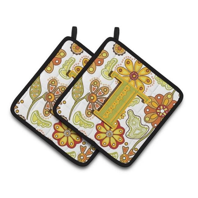Letter T Floral Mustard and Green Pair of Pot Holders