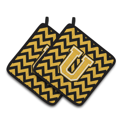 Letter U Chevron Black and Gold Pair of Pot Holders