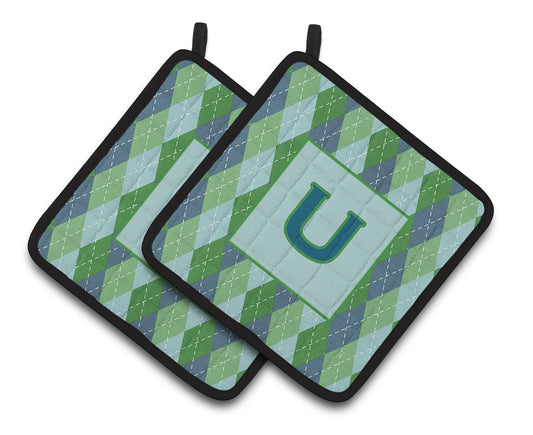 Letter U Initial Monogram - Blue Argoyle Pair of Pot Holders
