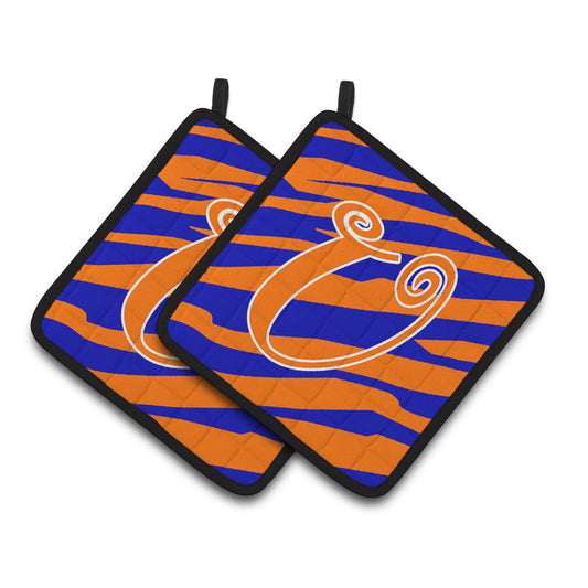 Letter U Initial  Tiger Stripe Blue and Orange Pair of Pot Holders