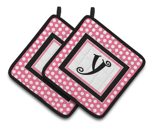 Letter Y Monogram - Pink Black Polka Dots Pair of Pot Holders