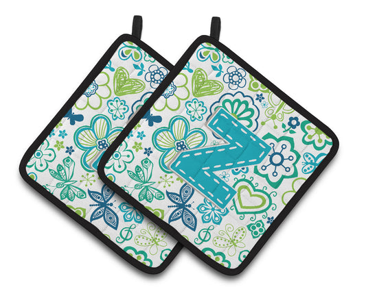 Letter Z Flowers and Butterflies Teal Blue Pair of Pot Holders