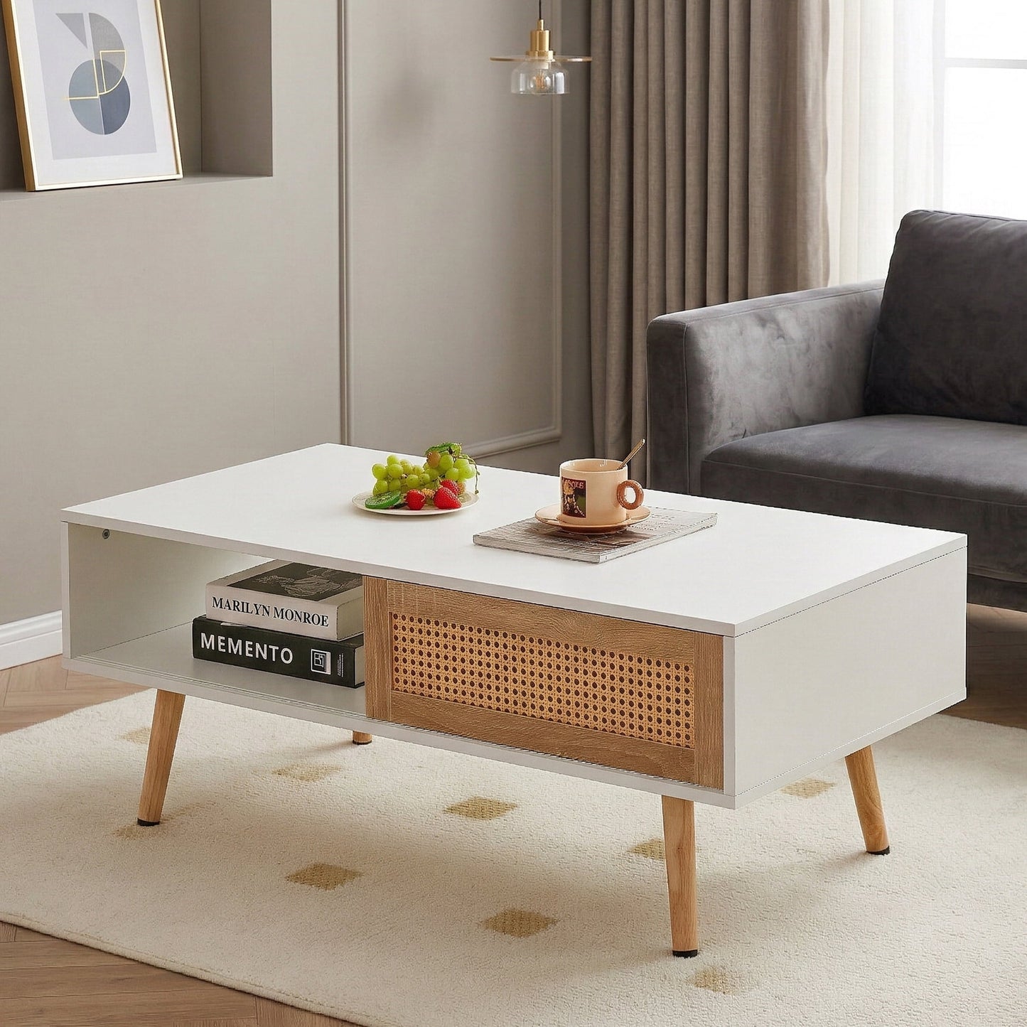 Leumius 41.3 Inch Rattan Coffee Table with Sliding Storage Door, Rectangle Wooden Accent Center Sofa Table with Solid Wood Legs,Suitable for Living Room,Walnut
