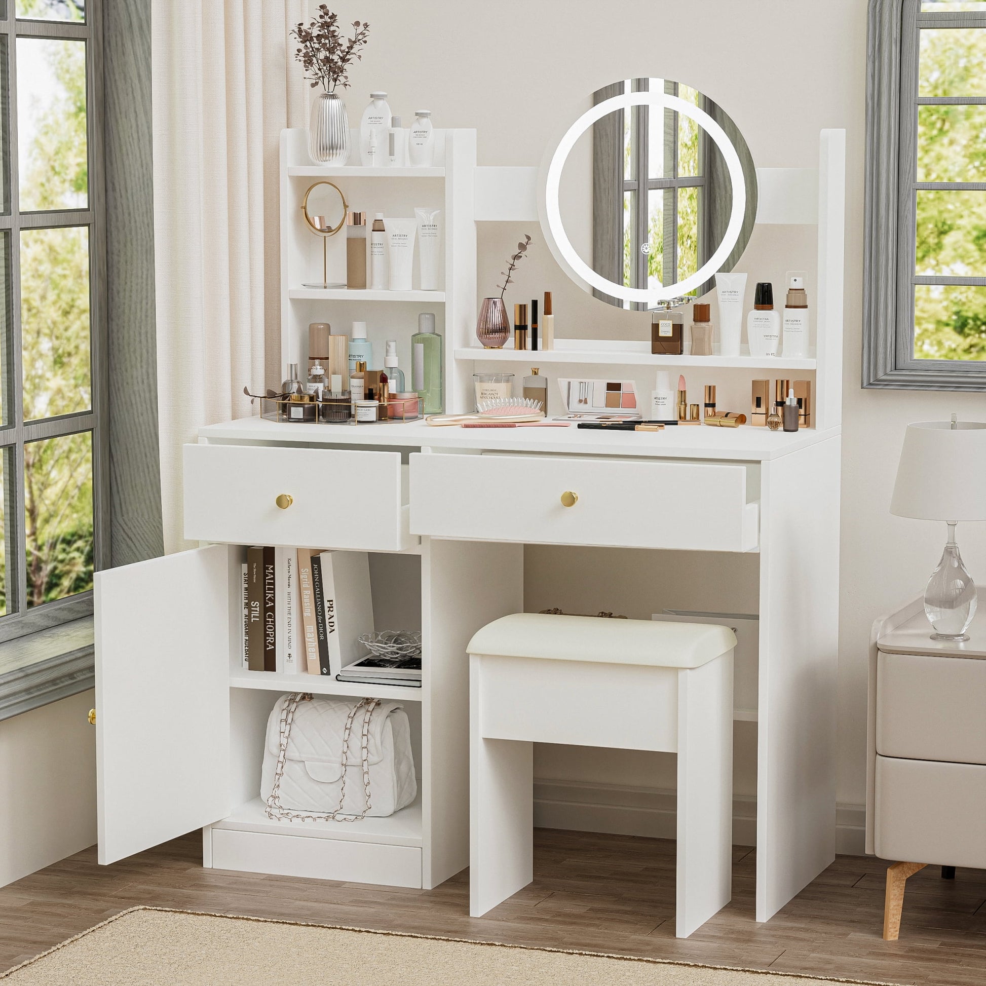 Leumius Makeup Vanity Desk with Mirror and Lights Dressing Table with 2 Drawers & Adjustable 3 Color Lighting Brightness for Bedroom Storage Cabinet,White