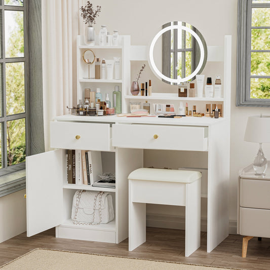 Leumius Makeup Vanity Desk with Mirror and Lights Dressing Table with 2 Drawers & Adjustable 3 Color Lighting Brightness for Bedroom Storage Cabinet,White