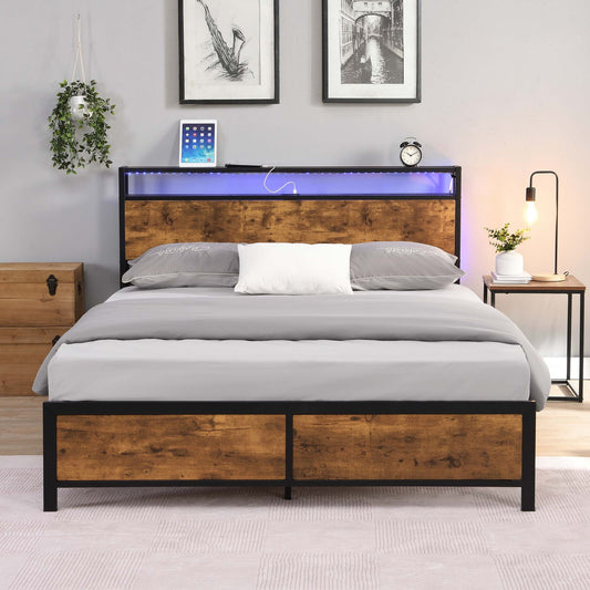 Leumius Queen Size Bed Frame with LED Lights and 2 USB Ports,Industrial Style Metal Platform Bed Frame with Storage Headboard,Noise Free,Queen