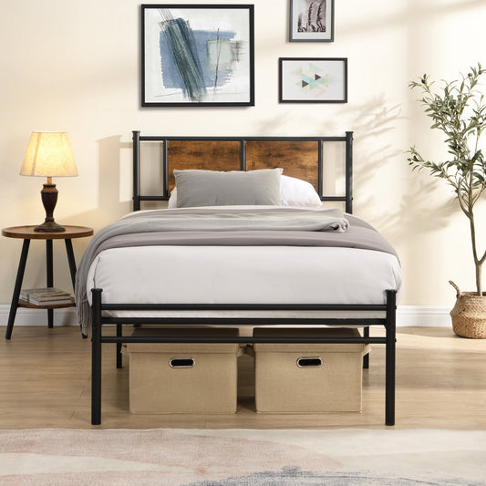 Leumius Twin Size Bed Frame, Industrial Metal Platform Bed with Wooden Headboard,Black+Brown