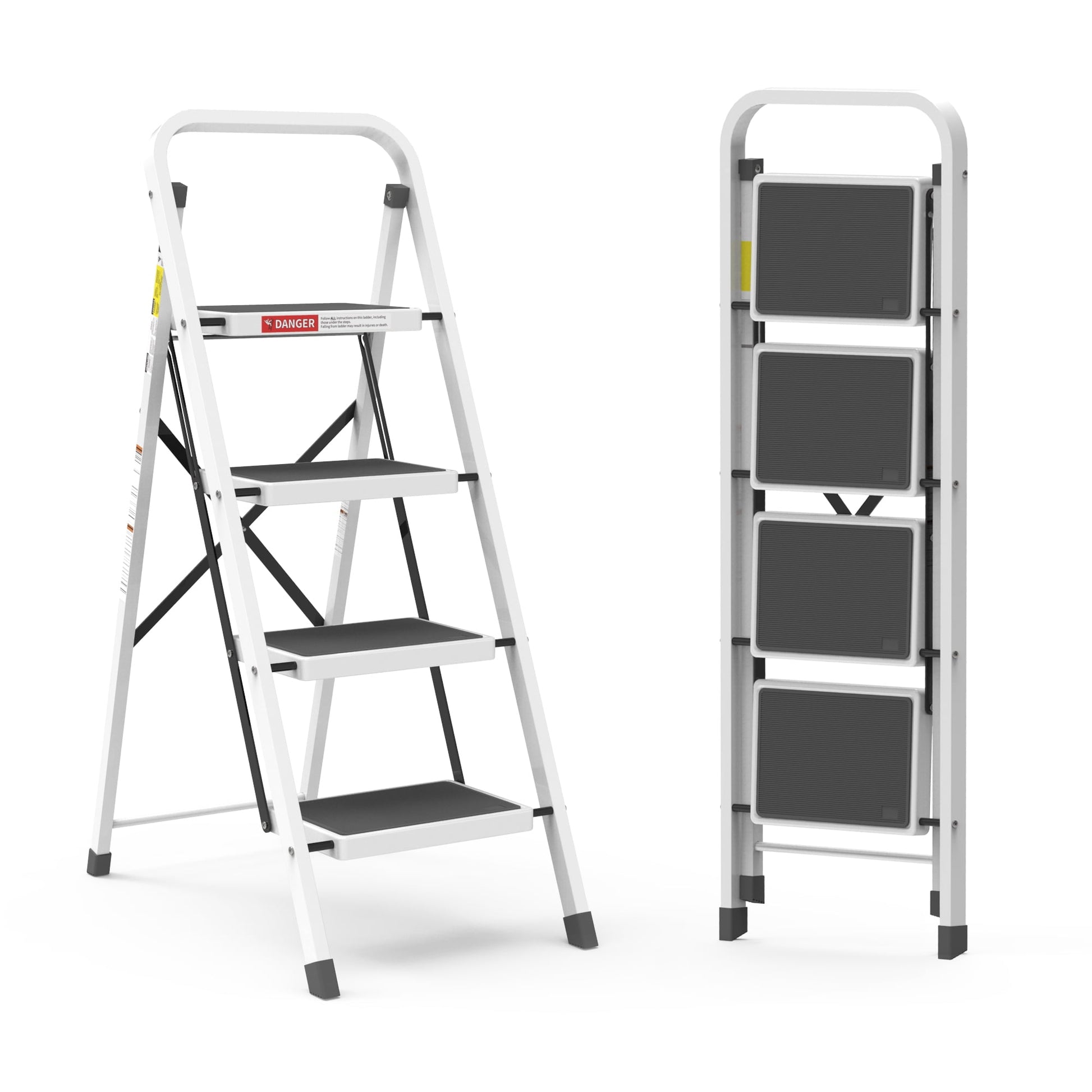 LevLad 4 Step Ladder with Safety Lock, Non-Skid Wide Steps,Household Folding Ladder for Home, Garden, Painting, Outdoor, Garage, White