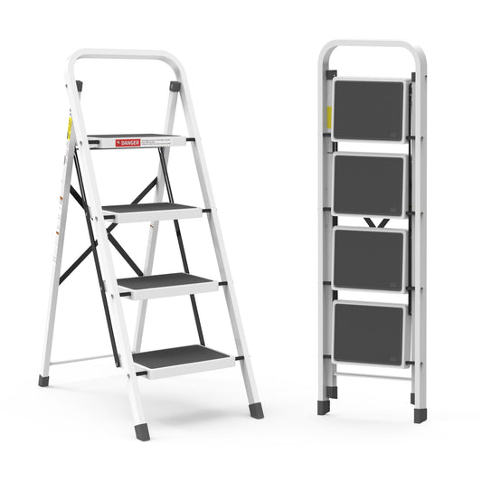 LevLad 4 Step Ladder with Safety Lock, Non-Skid Wide Steps,Household Folding Ladder for Home, Garden, Painting, Outdoor, Garage, White