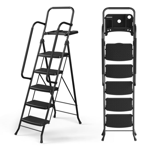 LevLad 5 Step Ladder with Tool Tray, Step Stool with Safety Lock, Non-Skid Wide Steps, Handrails, Household Folding Ladder for Home, Garden, Painting, Outdoor, Garage, Black