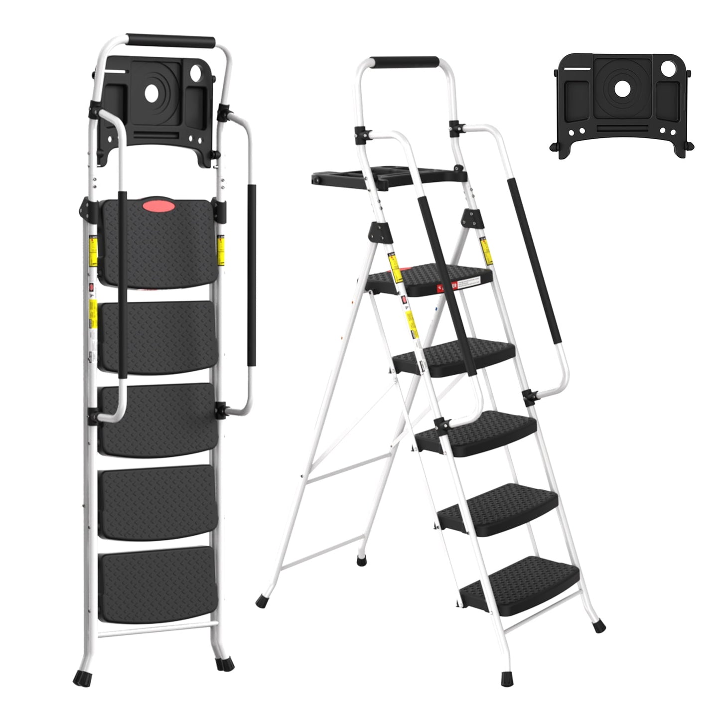 LevLad Folding 5 Step Ladder with Tool Tray & Handrails, 330 lbs Capacity Step Stool with Safety Lock, Non-Skid Wide Steps, White