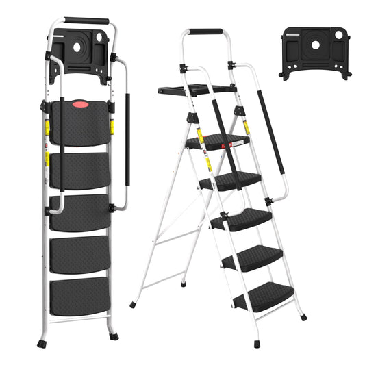 LevLad Folding 5 Step Ladder with Tool Tray & Handrails, 330 lbs Capacity Step Stool with Safety Lock, Non-Skid Wide Steps, White
