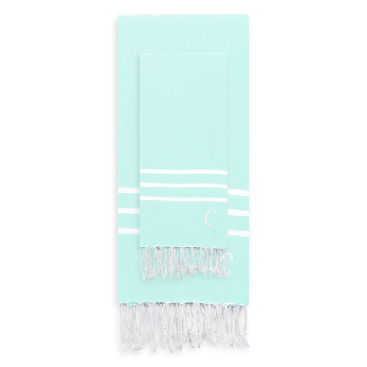 Linum Home Authentic Ella Soft Aqua Monogrammed Pestemal Fouta Turkish Cotton Beach and Head Towel Set (Set of 2) C