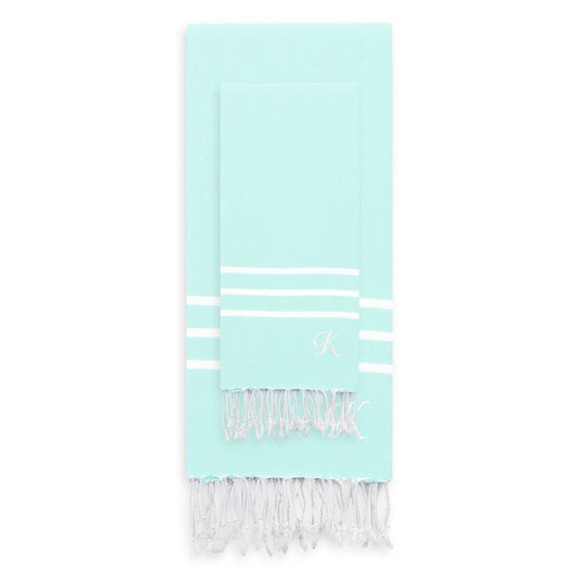 Linum Home Authentic Ella Soft Aqua Monogrammed Pestemal Fouta Turkish Cotton Beach and Head Towel Set (Set of 2) K