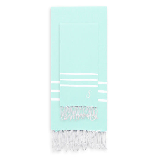 Linum Home Authentic Ella Soft Aqua Monogrammed Pestemal Fouta Turkish Cotton Beach and Head Towel Set (Set of 2) S