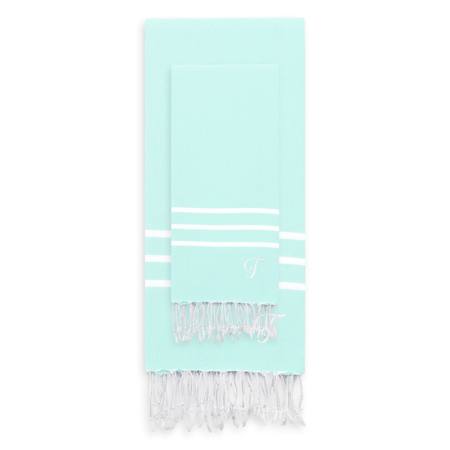 Linum Home Authentic Ella Soft Aqua Monogrammed Pestemal Fouta Turkish Cotton Beach and Head Towel Set (Set of 2) T