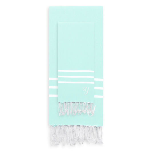 Linum Home Authentic Ella Soft Aqua Monogrammed Pestemal Fouta Turkish Cotton Beach and Head Towel Set (Set of 2) Y