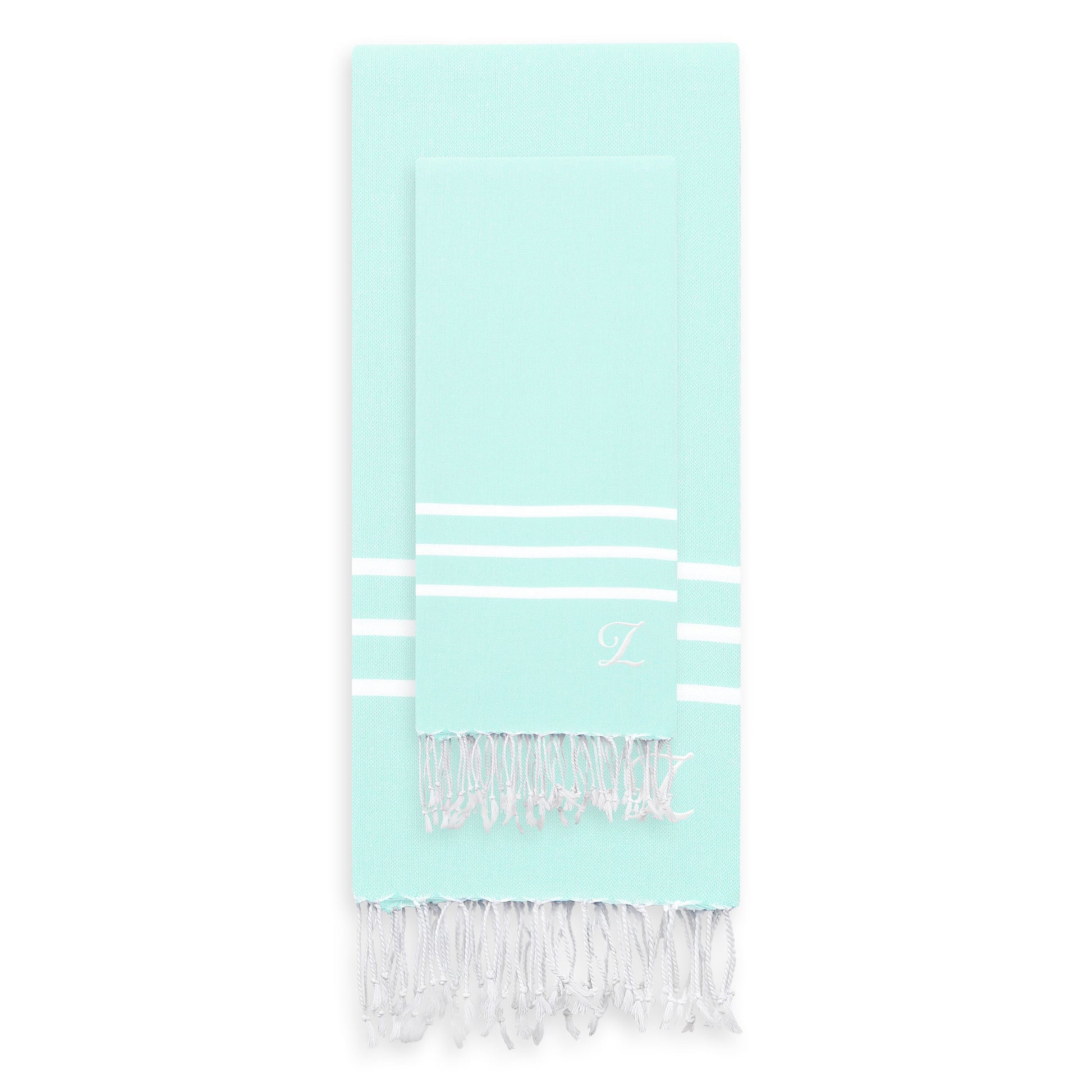 Linum Home Authentic Ella Soft Aqua Monogrammed Pestemal Fouta Turkish Cotton Beach and Head Towel Set (Set of 2) Z