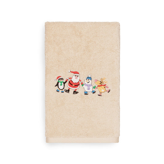 Linum Home Christmas Skating Party Embroidered Beige Turkish Cotton Hand Towel