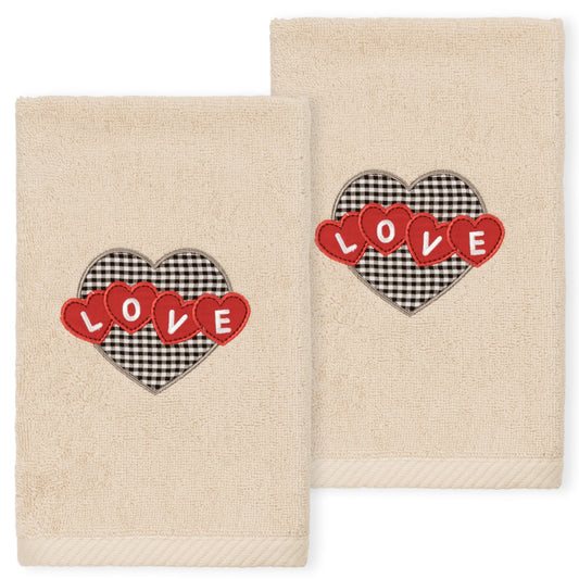 Linum Home Textiles 2 Pieces Embroidery Cotton Hand Towels, 16" x 30", Beige