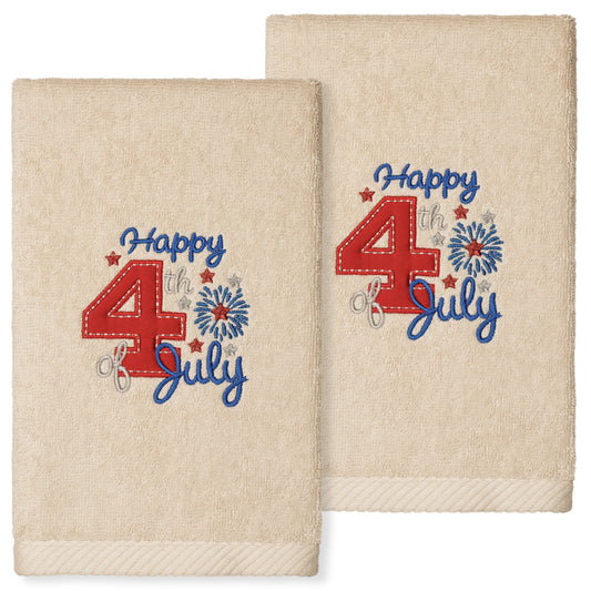 Linum Home Textiles 4th of July Embroidered Luxury 2 Piece Turkish Cotton Hand Towels, 16"x30", Sand Beige
