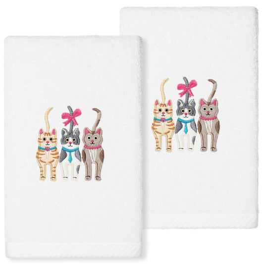 Linum Home Textiles Cats - Embroidered Luxury 100% Turkish Cotton Hand Towels (Set of 2)