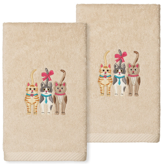 Linum Home Textiles Cats Embroidered Luxury 2 Piece Turkish Cotton Hand Towels, 16" x 30", Sand Beige