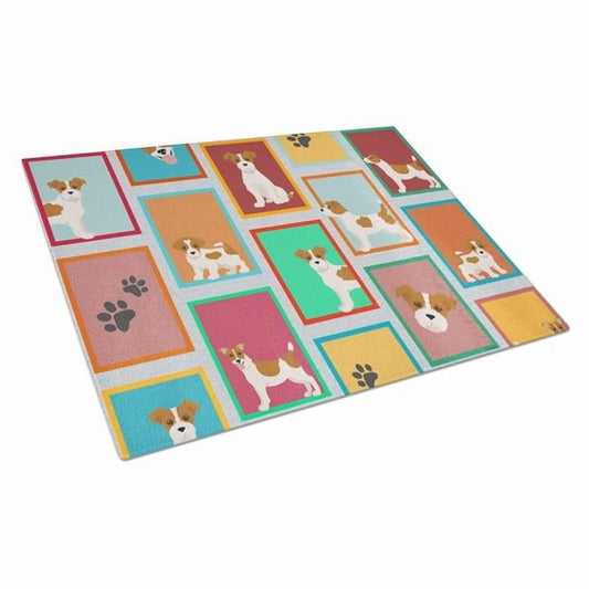 Lots of Red and White Jack Russell Terrier Glass Cutting Board Large 12 in x 15 in